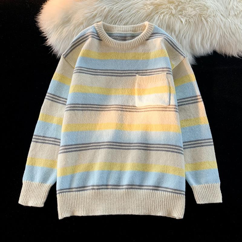 Контрастная полосатая шерстяная одежда для мужчин на осень и зиму, свободные свитера с круглым вырезом в стиле Гонконга, модные ретро-свитера в стиле кэжуал