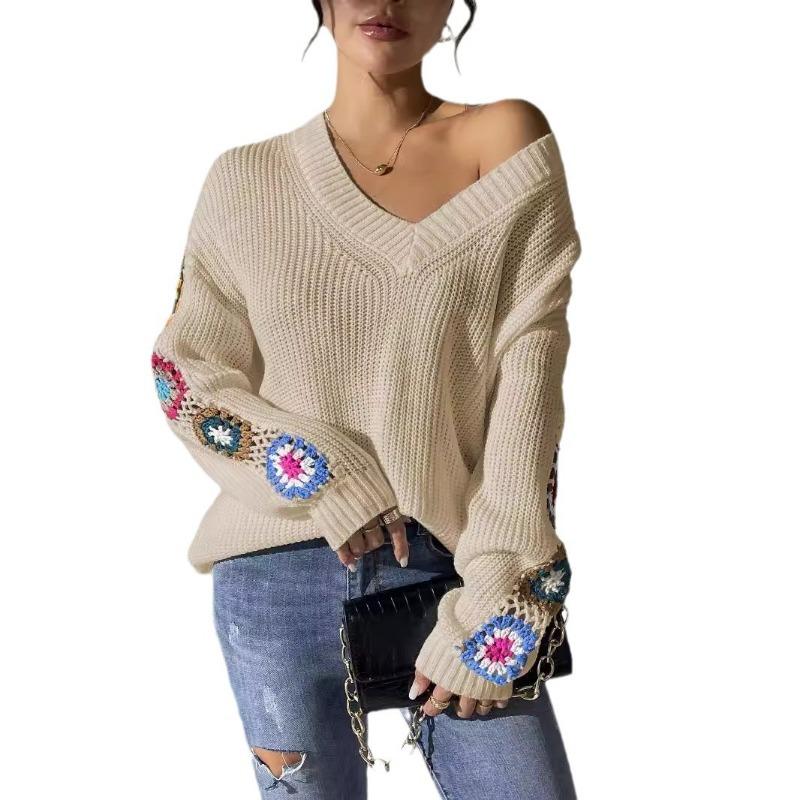 Women S V Neck Hand Crocheted Patchwork Loose Casual Sweater