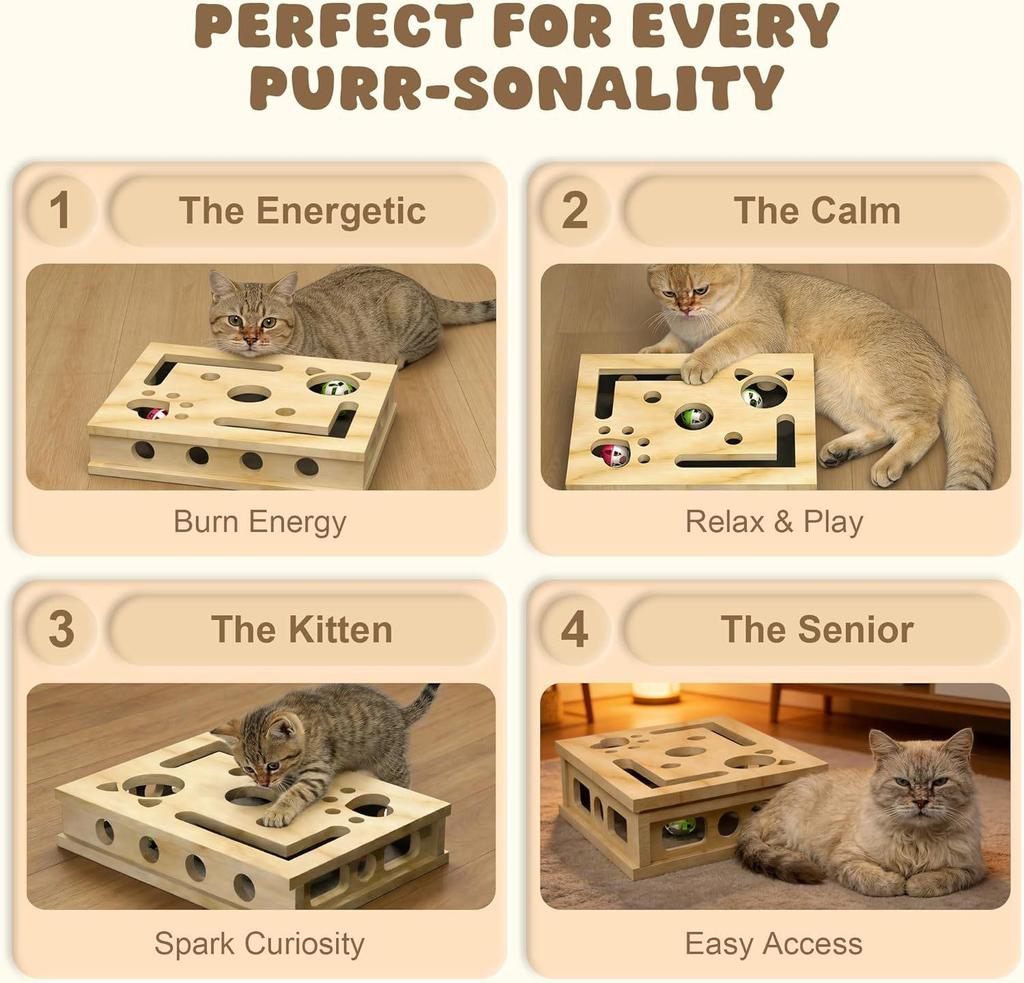 Когтеточка и дразнилка из массива дерева для кошек: Интерактивная 3-в-1 для самостоятельных развлечений, шлифовка когтей, развивающая игрушка