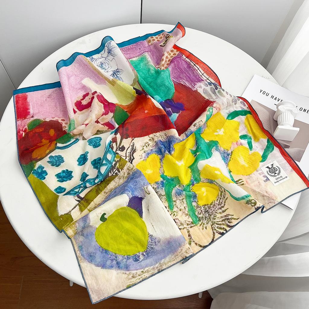 French romantic versatile small fresh pure cotton square scarf women's summer thin fashion foreign temperament silk scarf decorative scarf