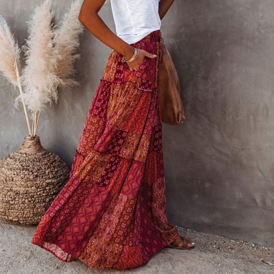 Женская юбка-макси с эластичным шнурком и высокой талией, свободная, с большим подолом, трапециевидной формы, в стиле пэчворк, плиссированная, винтажная, в стиле бохо, с этническим принтом, отпускная юбка