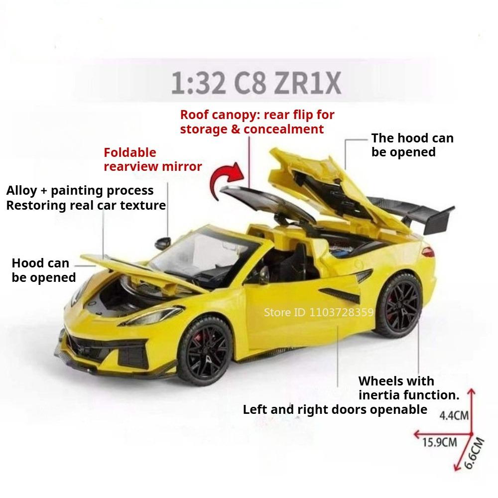 1:32 C8 ZR1X M4 Miniature Sports Car Model Toys Alloy Diecast Rubber Tires Doors Opened Pull Back Collection Supercars Gifts