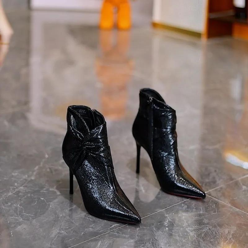 Модные ботильоны на высоком каблуке, женские, осень-зима, новые, остроносые, коричневые, на молнии, кожаные, модные, сексуальные, люксовые, брендовые, плиссированные, дизайнерские ботинки