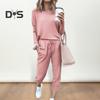 2 Pcs/Set Women Top Pants Suit Crew Neck Long Sleeves Solid Color Sleepwear Sport Sweatshirt Drawstring Elastic Waist Trousers Fitness Outfit Fall