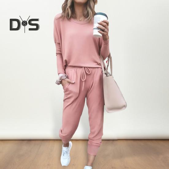 2 Pcs/Set Women Top Pants Suit Crew Neck Long Sleeves Solid Color Sleepwear Sport Sweatshirt Drawstring Elastic Waist Trousers Fitness Outfit Fall