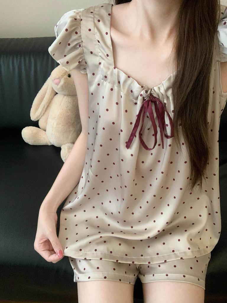 French court style polka dot printing short-sleeved ice silk pajamas women's summer new skin-friendly and cool loungewear two-piece set