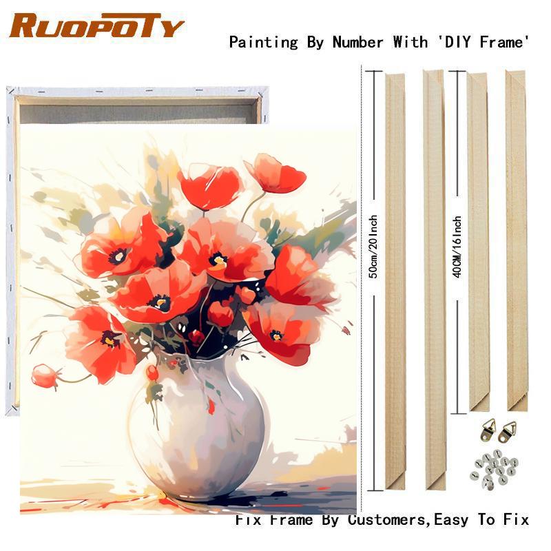 Рамка с красными цветами, наборы для рисования по номерам для взрослых, ваза, акриловая краска на холсте, маркер по номерам для украшения дома, поделки своими руками, 40x50 см