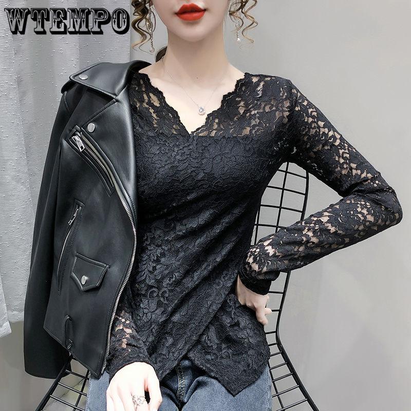 Autumn and Winter Padded Sexy V-neck Long-sleeved Cross Slim Age-reducing Blouse Hundred Lace Bottoming Shirt
