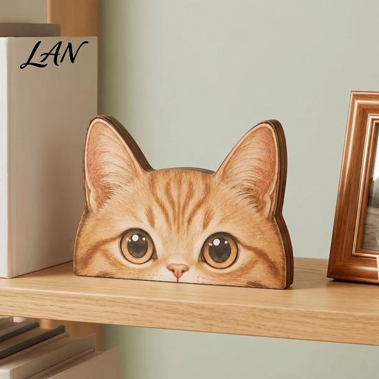 Cute Cat Gifts for Lovers Peeking Orange Wooden Figurine, Head Decoration, Handmade Charming Statues Room Natural Wood Tabletop Ornament, Gift