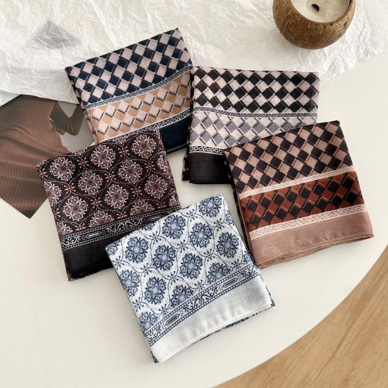 Silk Scarf Neck Cotton and Linen Small Square Scarf Women's Cashew Fruit Decorative Scarf Plaid Silk Scarf Women's Autumn Hair Accessories