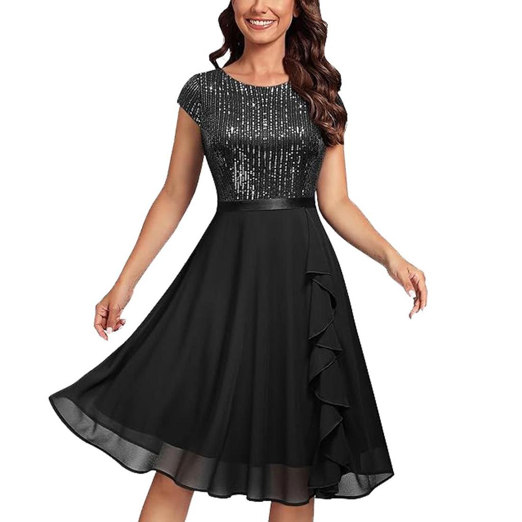 Women's Swing Dresses Sequin Round Neck Short Sleeves A Line Dress Chiffon Skirt Cocktail Party Evening Wedding Guest Outfits Bridesmaid Wear