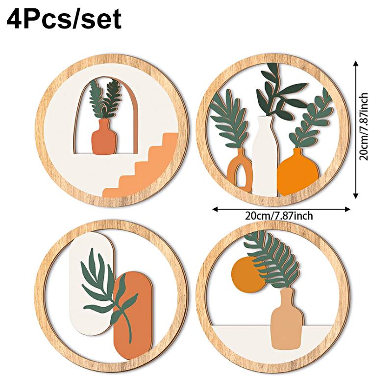 4pcs/Set Wood Homestay Crafts Decorative Hollow Pattern Wall Hanging Circular Design Pendants Home Decoration