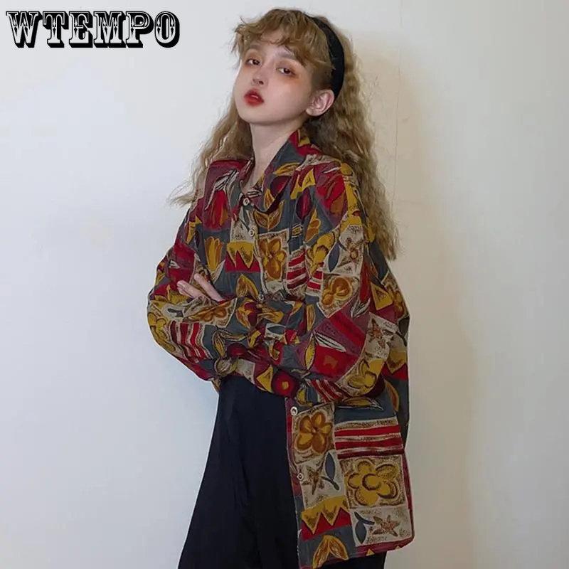 WTEMPO Винтажная блузка женская 90-х годов эстетические рубашки в стиле Харадзюку с длинным рукавом в стиле ретро женские свободные корейские топы с принтом уличная одежда