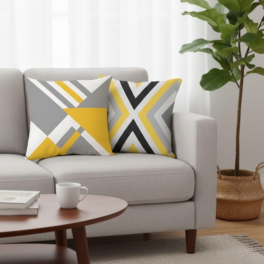 4Pcs Yellow Gray Geometric Triangle Printed Pillow Cover Polyester Cushion Case 2D Flat Printing Pillowcase Scandi Minimalist