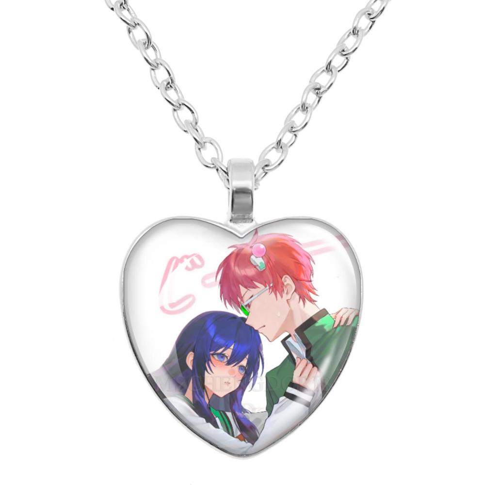 Кулон с персонажами мультфильма Saiki K: Сайки Кусуо, Сайто Шуичи, Терухаши Кокоми. Кулон в форме стеклянного сердца. Украшение-шарм. Подарок.