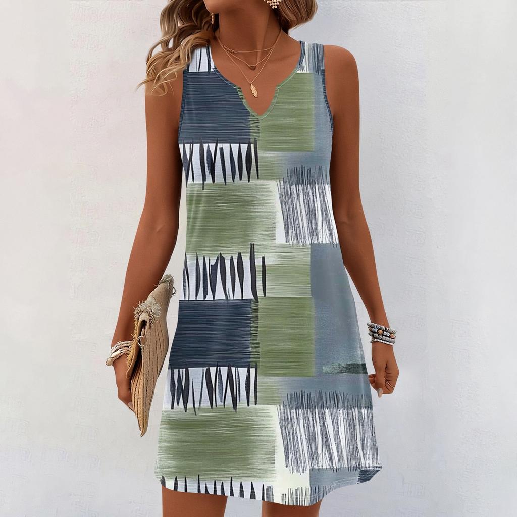 Women Summer Dresses V-Neck Print Sleeveless Sundress Casual Dress