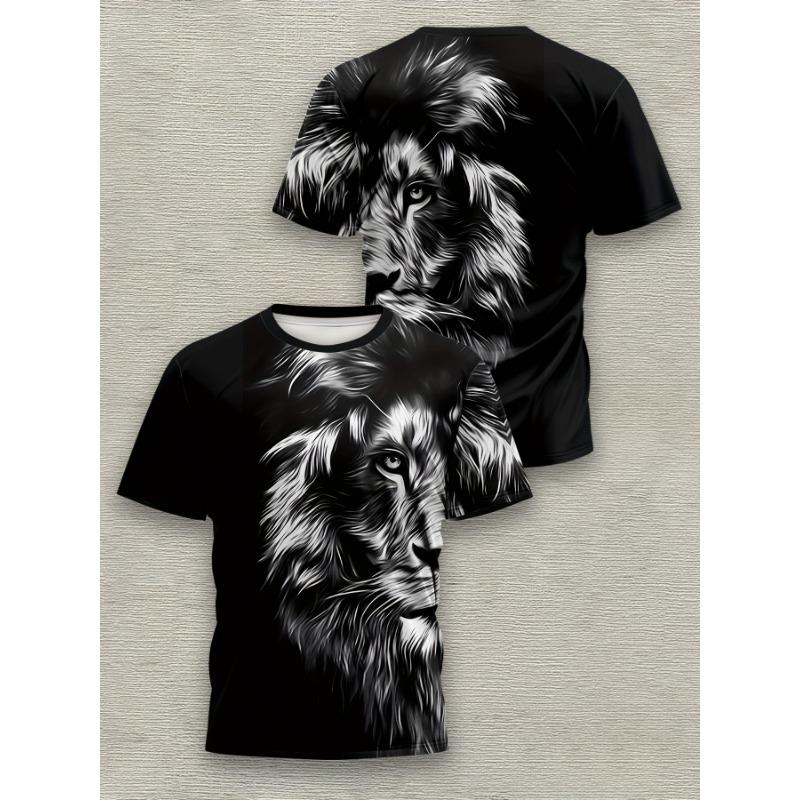 Men's Black White Lion 3D Printed T-Shirt Casual Short Sleeve Crewneck Top Cool Animal King Graphic Tee Hip Hop Style Streetwear Fashion Summer