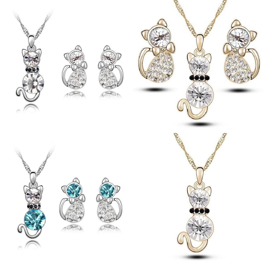 Crystal Cat 3pcs Shaped Necklace Earrings Jewelry Set  Gift Teen Girls Women For