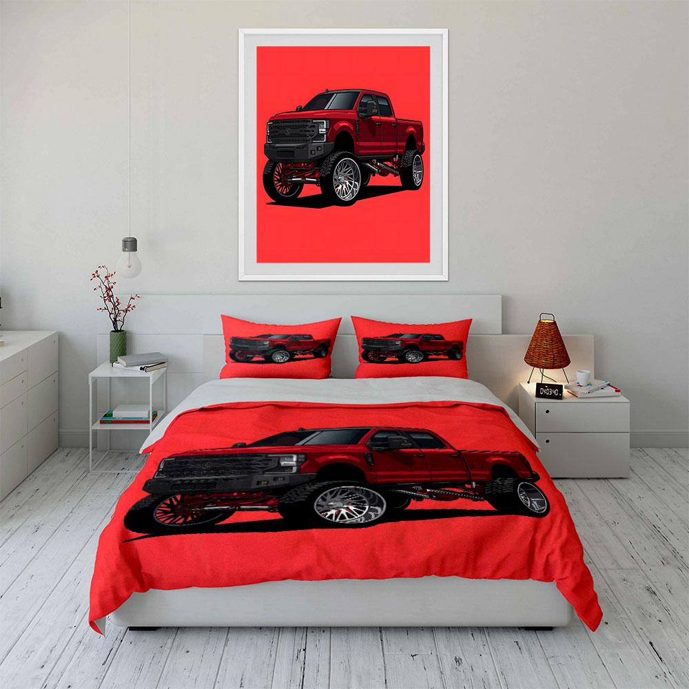 Lifted Red Truck Illustration Bedding Duvet Cover Set (1*Duvet Cover 2*Pillowcases, without duvet insert)