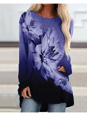 Женская футболка больших размеров с цветочным принтом, удобная, с длинным рукавом и круглым вырезом, повседневная, свободного кроя, средней длины