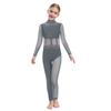 Girls Dance Performance Jumpsuit Full Body Leotard Long Sleeve Mock Neck Mesh Patchwork Keyhole Back Bodysuit