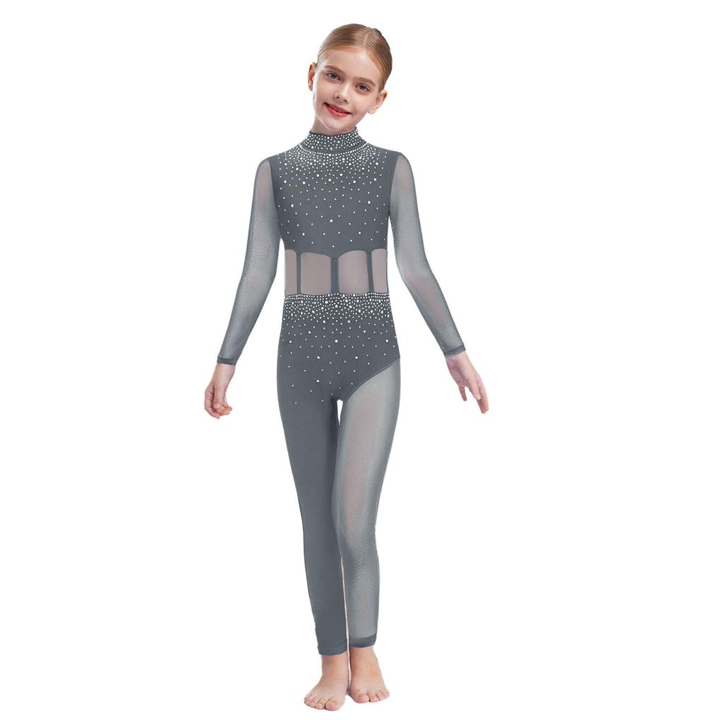 Girls Dance Performance Jumpsuit Full Body Leotard Long Sleeve Mock Neck Mesh Patchwork Keyhole Back Bodysuit
