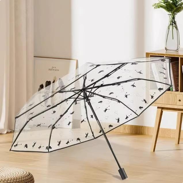 Fully Automatic Japanese Black Kitten Umbrella, Transparent & Reinforced with Long Handle.