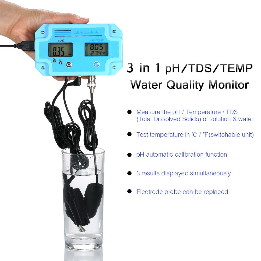Professional 3 In 1 pH/TDS/TEMP Meter Water Detector Multi-parameter Digital LCD Tri-Meter