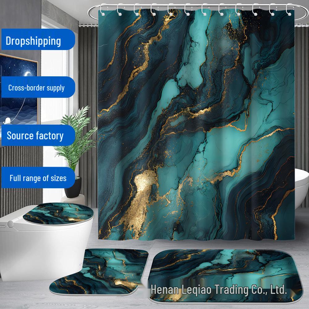 Элегантный мраморный набор для ванной: Шторка для душа, Нескользящий коврик для ванной, Чехол на крышку унитаза, Коврик для ванной комнаты и 12 пластиковых крючков.