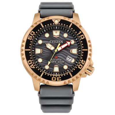 Promaster Dive Date ISO Светящиеся стрелки и вращающийся современный дизайн Eco-Drive Часы, 3 стрелки, Дисплей, Сертифицированные, Метки, Безель, Серый/Розовое золото,