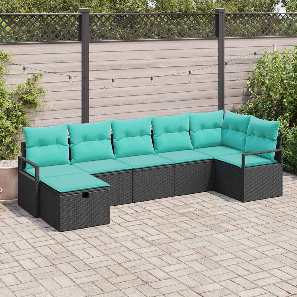7 Piece Sofa Set with Cushions Black and Turquoise Poly Rattan