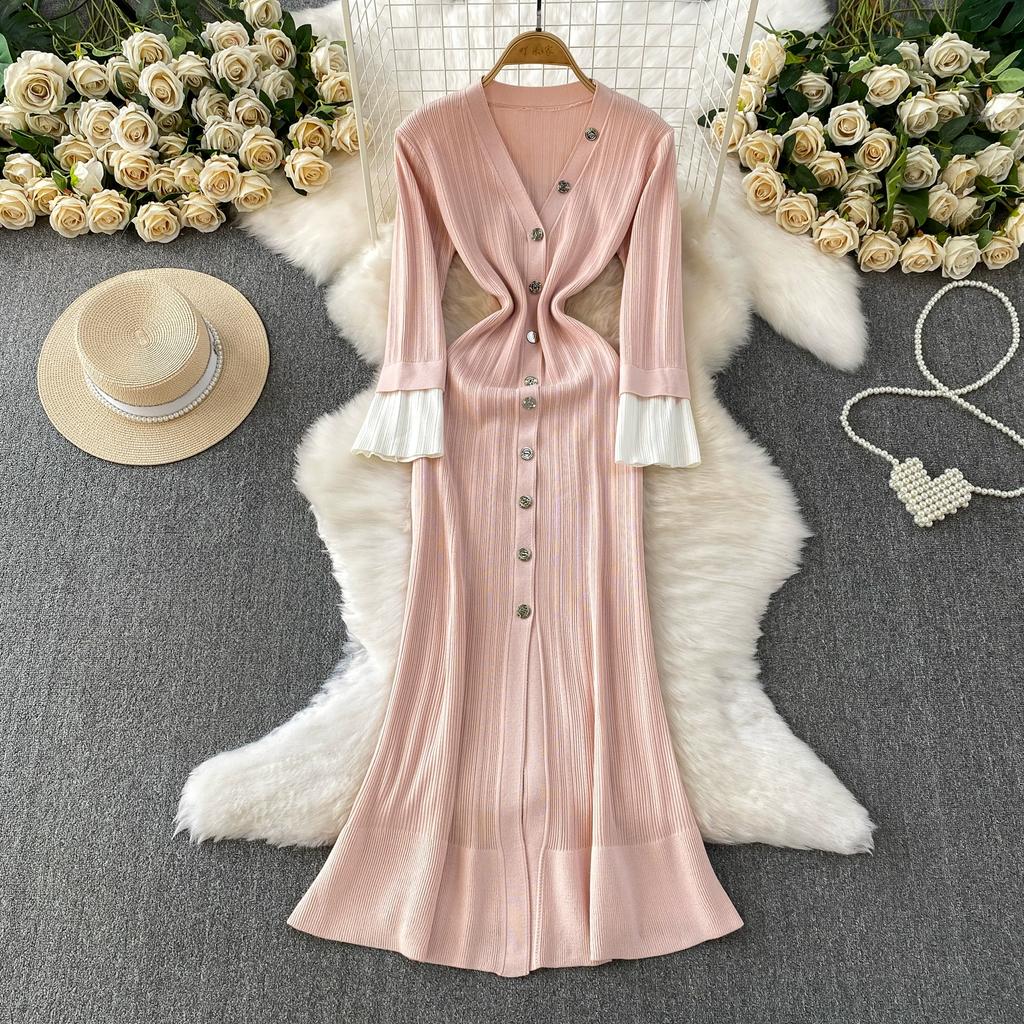 Autumn Winter Women V-neck Full Sleeve Knitted Pullover Sweater Party Long Maxi Mermaid Dresses