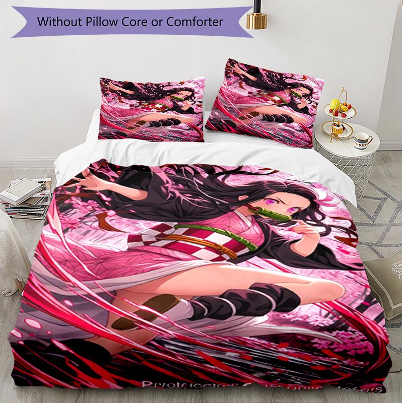3pcs Duvet Cover Set (1*Duvet Cover + 2*Pillowcase, Without Core), Demon Slayer Print Soft All‑Season Bedding Set, Home Bedroom Decor Gift