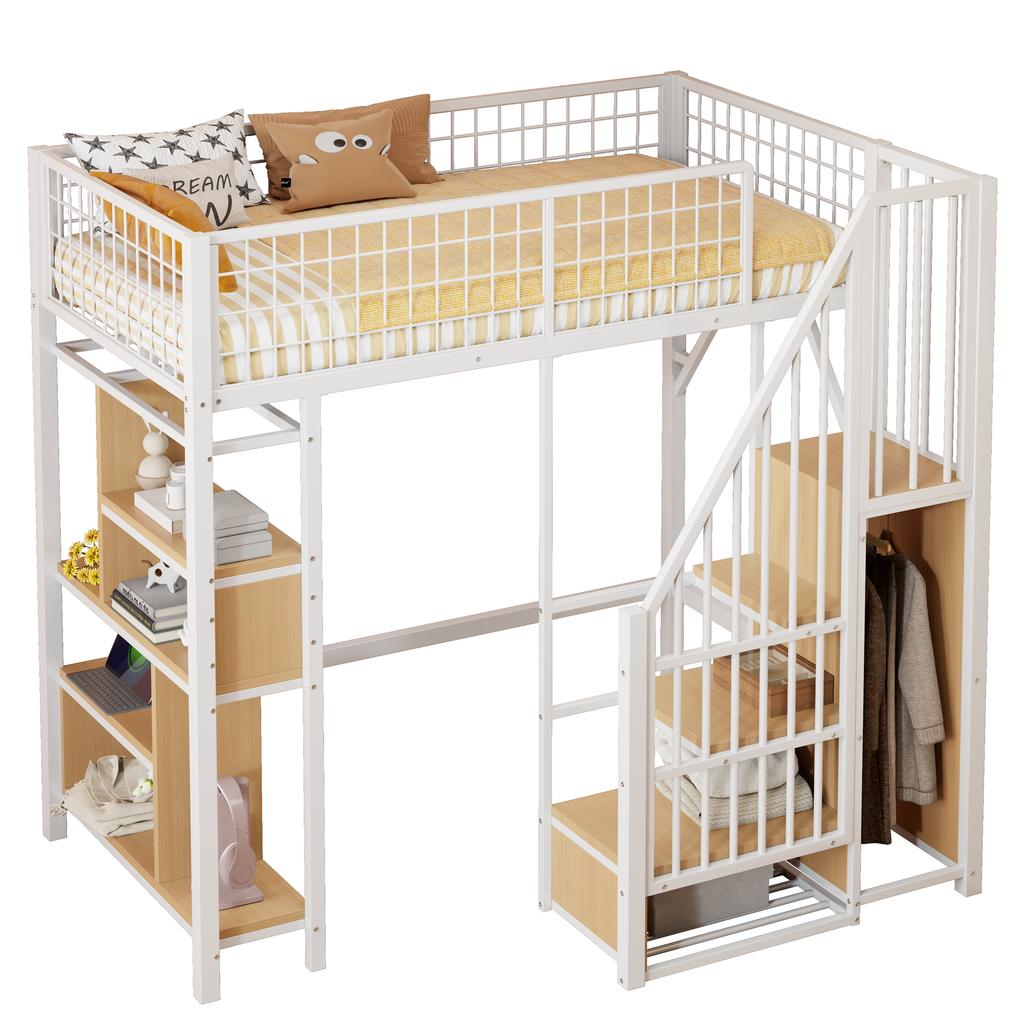 Multifunctional Loft Bed 90 x 200 cm, Metal Bed with Storage, Shelf Space and Staircase, Adult Bed and Children's Bed, White
