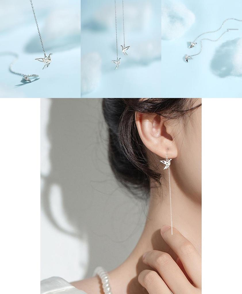 Se756 Yixuan Sparkling Diamond Origami Crane Ear Threader Elegant And Chic Chain Design