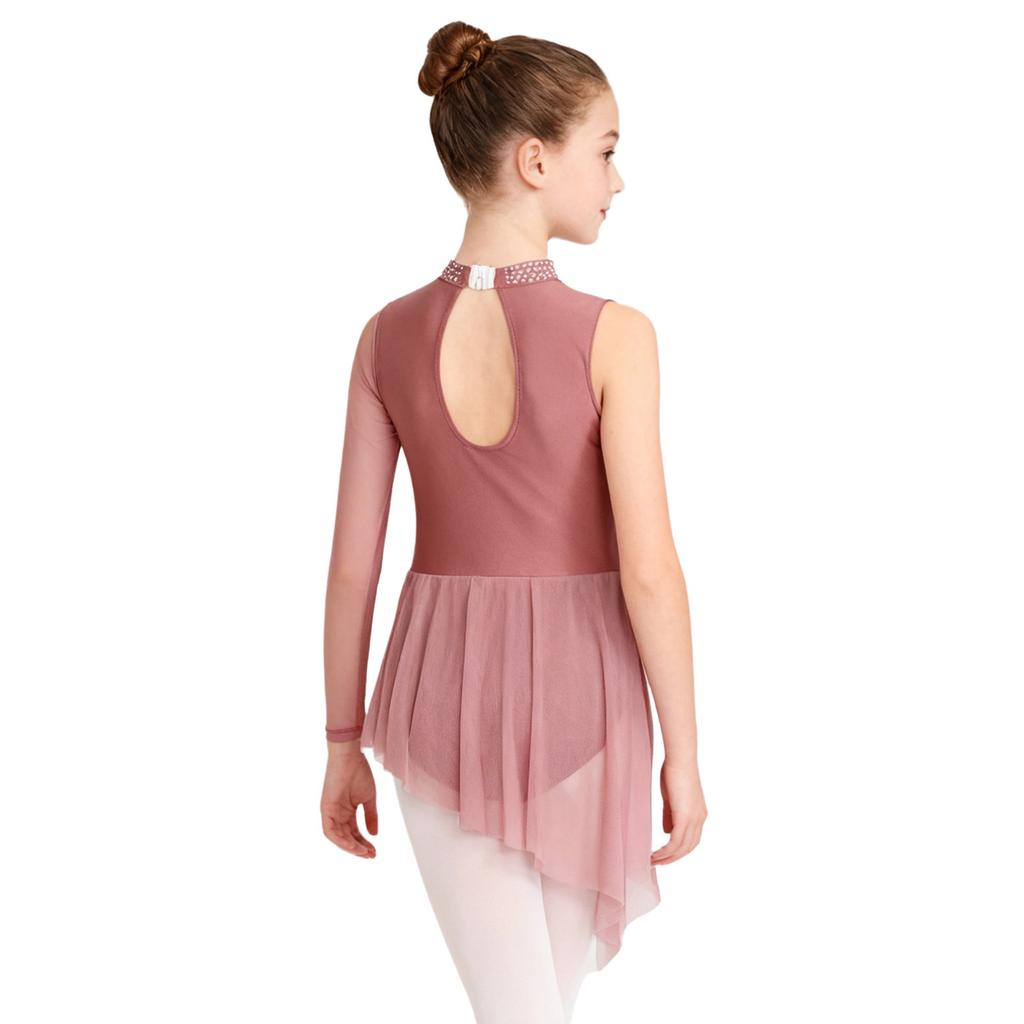 Kids Figure Skating Dress Girls Lyrical Dance Costume Sparkling Rhinestones Leotard with Mesh Skirt for Competition