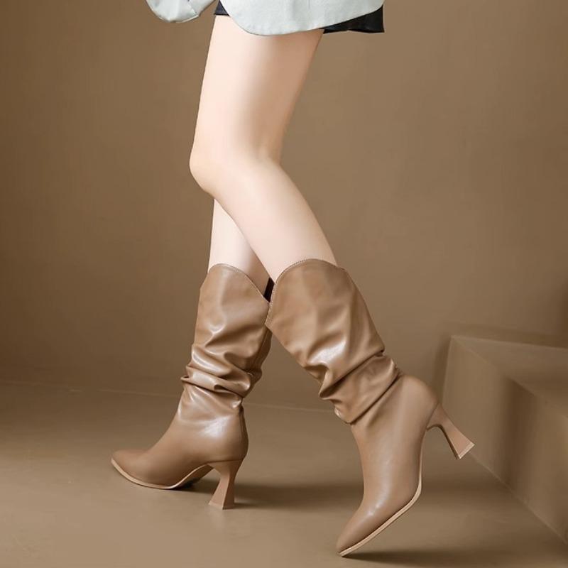Женские сексуальные одинарные сапоги, кожаные сапоги со складками, высокие каблуки