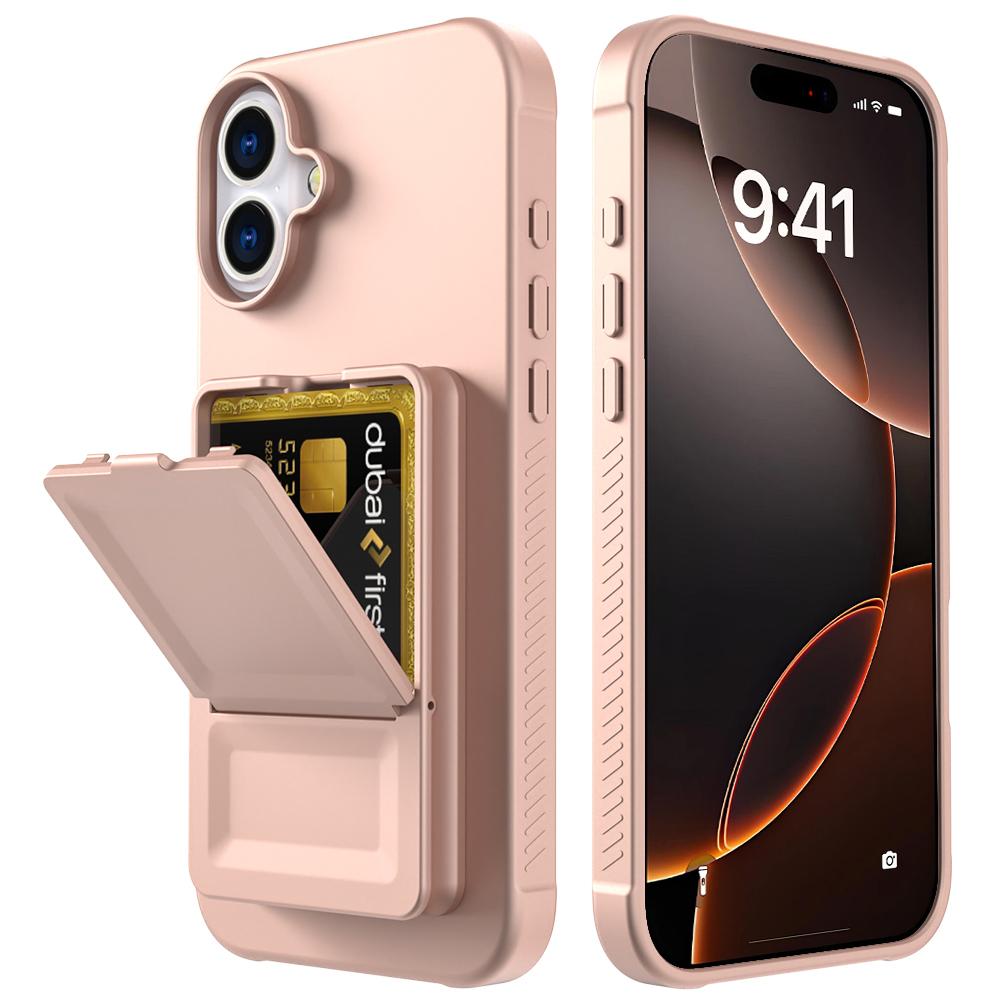 For iPhone 16 Case Skin-Touch Card Holder TPU + PC Phone Cover with Mirror Kickstand