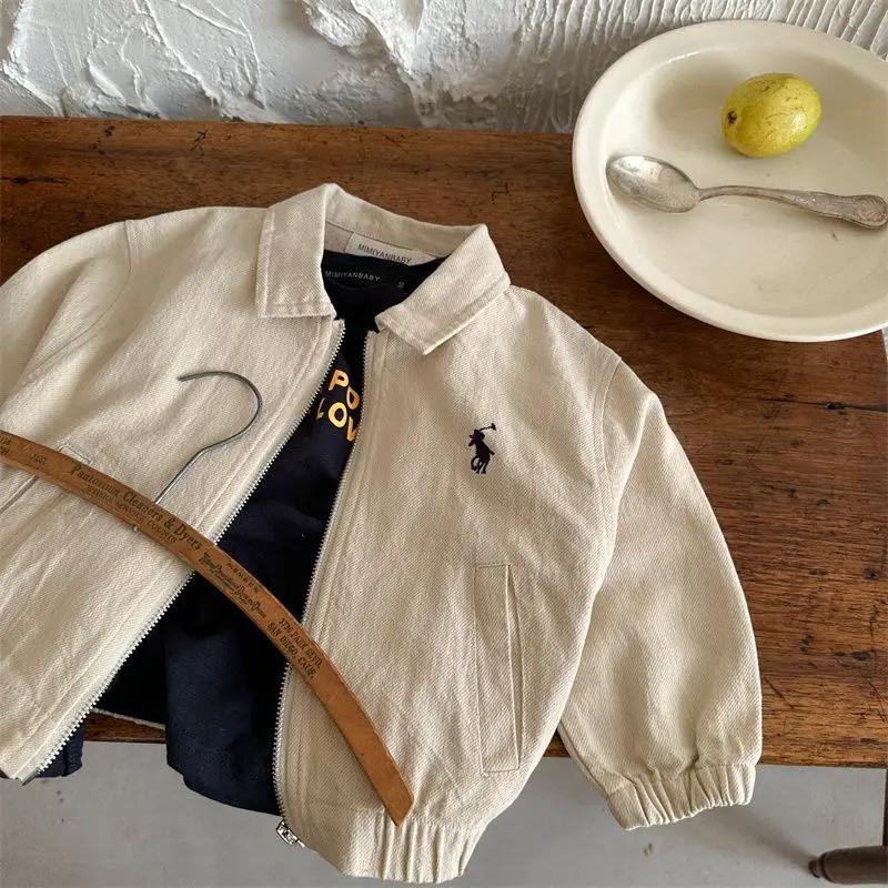 2-7Y Children's Cotton Coat 2024 Spring Boys Girls Japanese Embroidered Flip Collar Jacket Baby Short Zipper Autumn Shirt