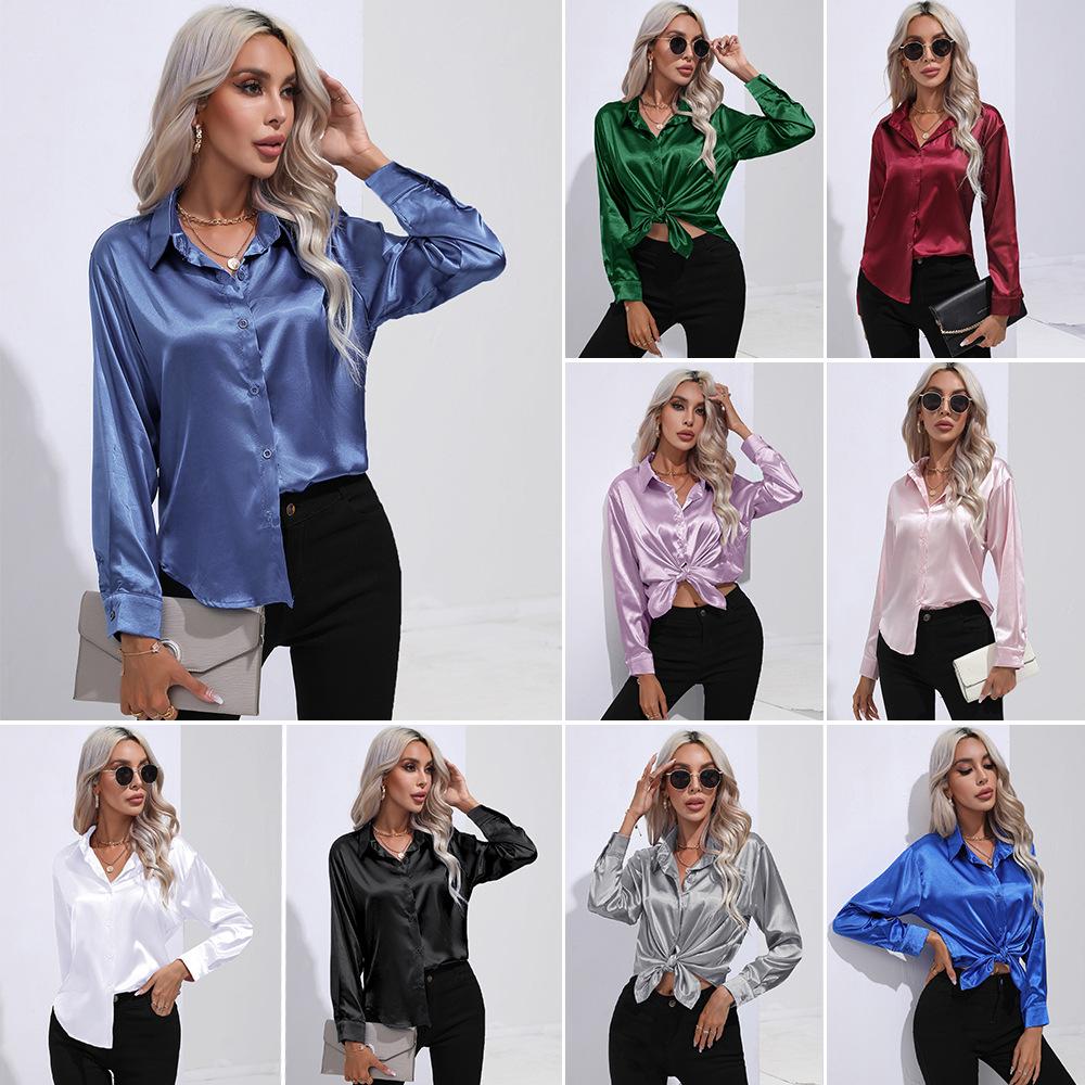 Spring Autumn Satin Blouse Imitation Silk Long Sleeve Shirt for Women's Plus Size Loose Tops