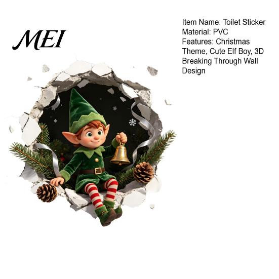 Holiday Bathroom Wall Stickers Christmas 3D Toilet Sticker, Cute Elf Boy Breaking Through Decal, Self Adhesive Murals Funny Cracked Seat Cover Sticker