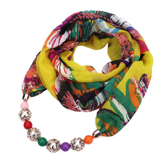 Beads Pendant Floral Print Necklace Scarf Simple Ethnic Style Vintage Chiffon Scarf for Home
