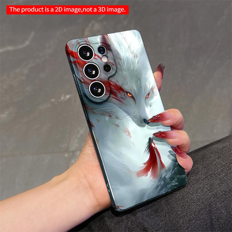 2DFlat Samsung phone case White Fox Guardian with Red Flames and Red-Cloaked Figure Applicable to Galaxy S22 S23 S24 S25ULTRA S26 A12 A13 A14 A15 A16