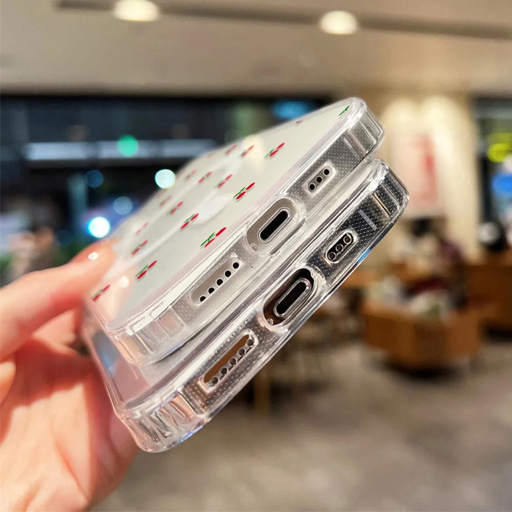 Беспроводной чехол для зарядки с рисунком вишни для iPhone 17 Air 16 E 15 14 Plus 13 12 Mini 11 Pro Max Прозрачная силиконовая боковая крышка
