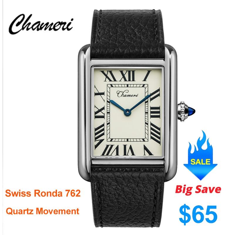 Chameri CH01 Кварцевые часы Швейцарский механизм Ronda 762 Сапфировое стекло Винтажные часы Новый квадратный циферблат Нержавеющая сталь Водонепроницаемые часы