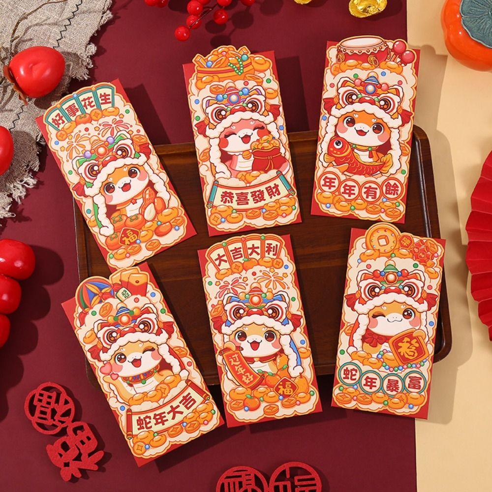 6pcs Traditional 2025 Snake Year Red Envelopes Cartoon Lucky Money Bag Graduation
