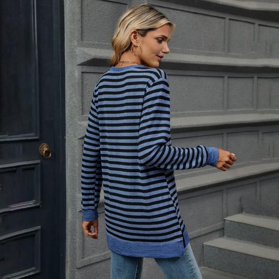 Женские топы с круглым вырезом, длинными рукавами, полосатым принтом, футболка с боковыми разрезами, средней длины, свободный крой, эластичная футболка