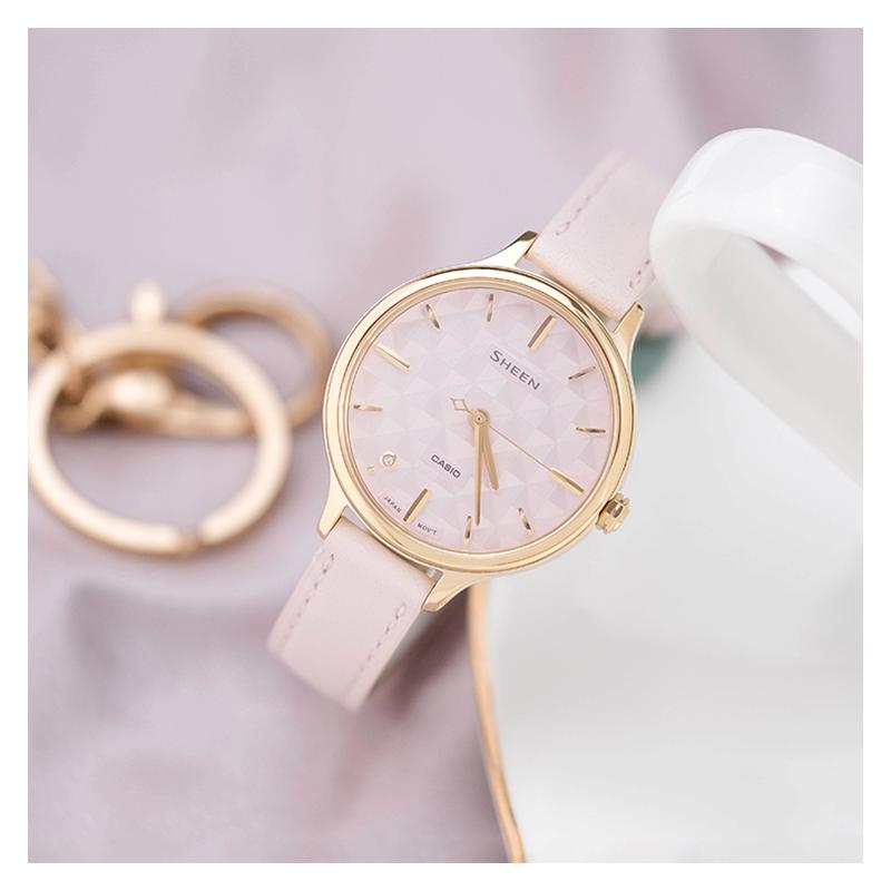 Casio SHEEN simple three-dimensional rhombus light pink business women's watch quartz movement leather strap Japanese and SHE-4545GL-4AUPR-person