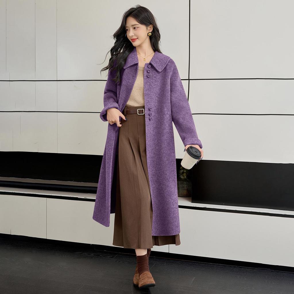 Корейское А-силуэтное кашемировое шерстяное пальто с кукольным воротником на осень/зиму 2025 - Свободное, Мода больших размеров.