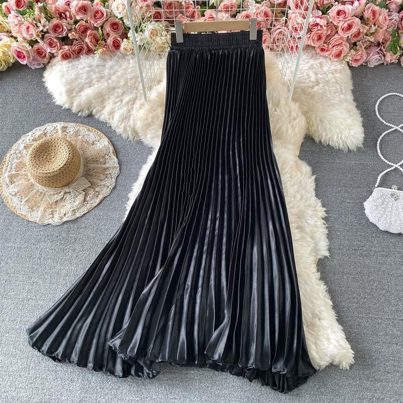 Лето Осень Женская Элегантная Атласная Высокая Талия Длинная Макси Плиссированная Юбка